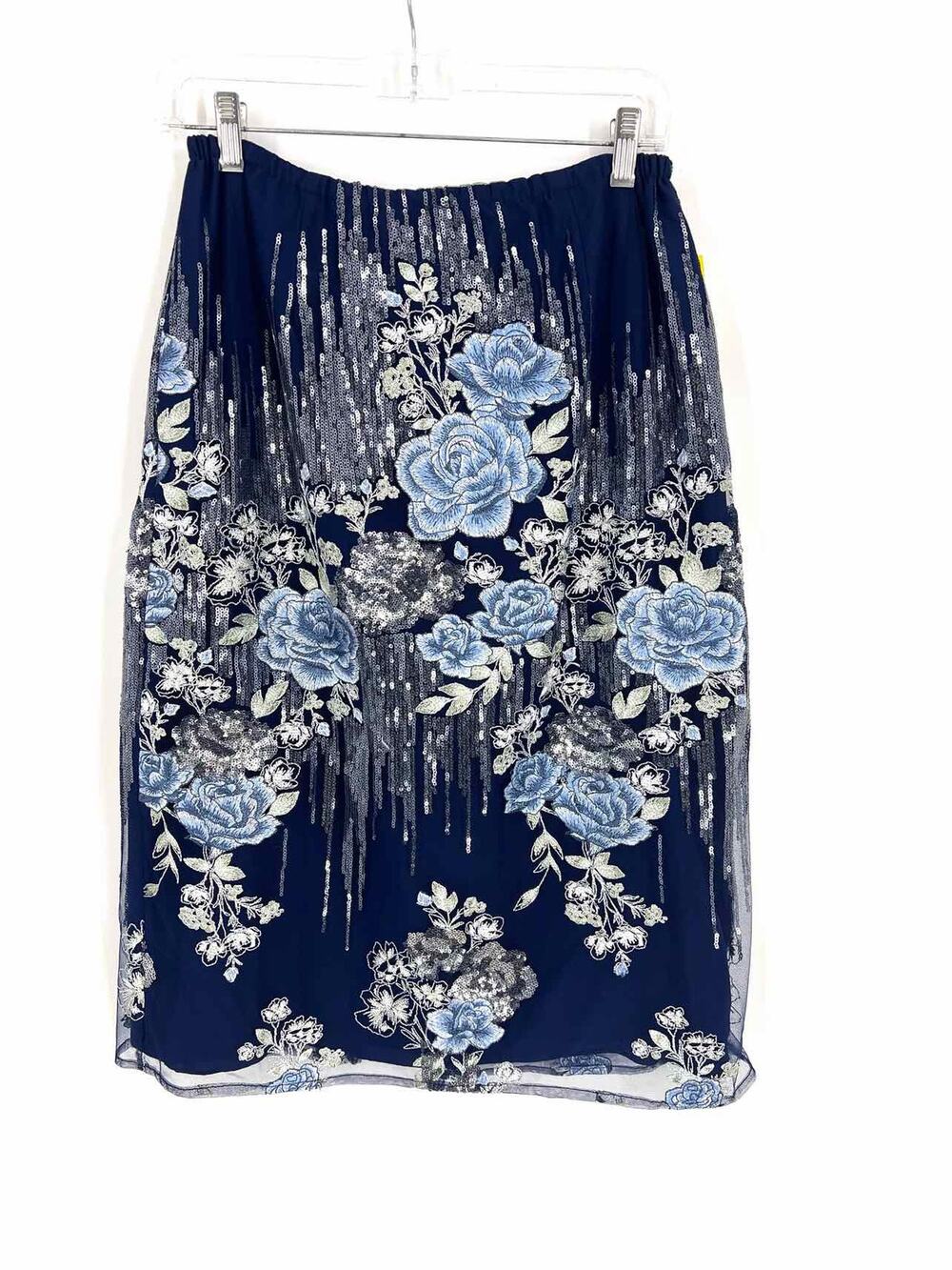 Marchesa Notte Size L Navy/Blue Flowers Applique Designer Skirt